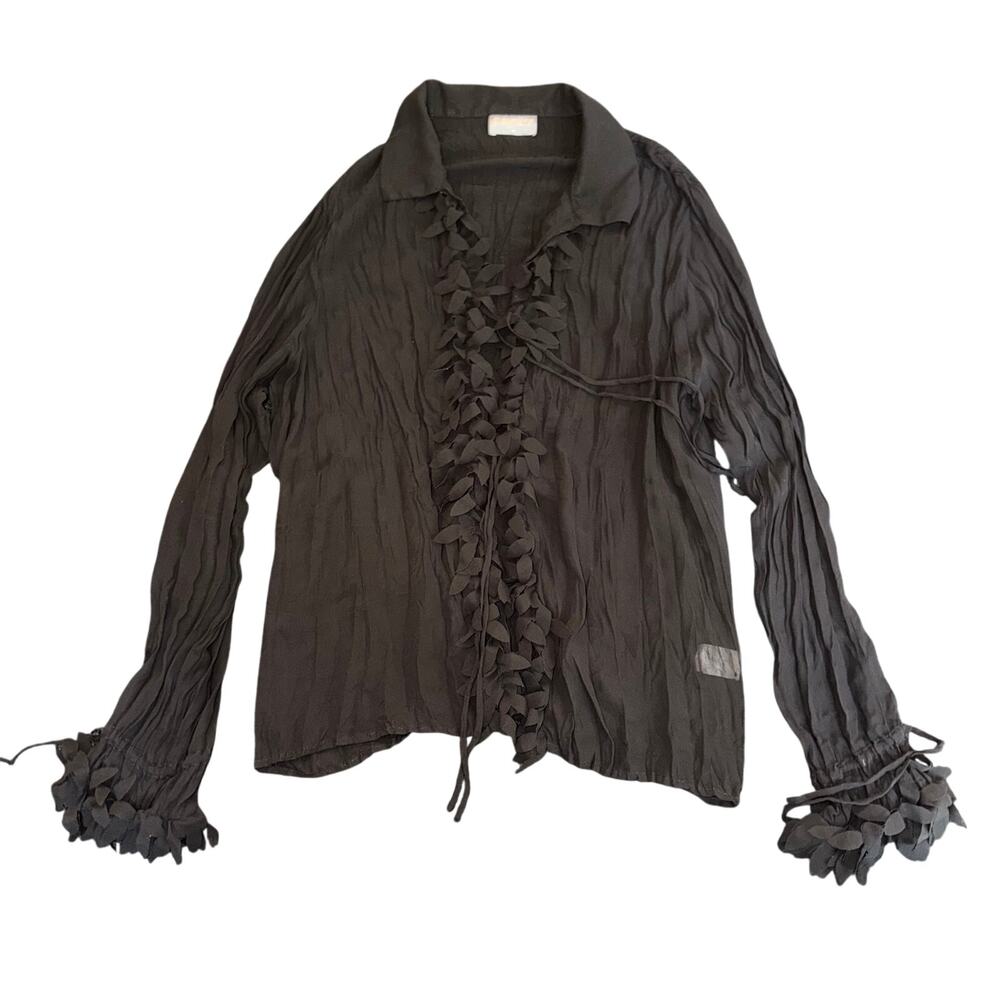 Pagani Black Crinkle Pleated Ruffle Lace Up Blouse - Size 16 XL